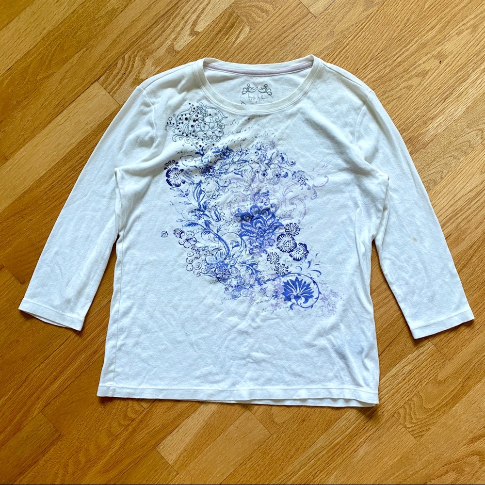 White Blue Floral 3/4 Sleeve Scoop Neck T Shirt S